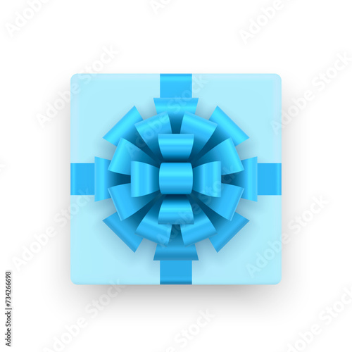 Fototapeta Naklejka Na Ścianę i Meble -  Blue squared gift box with glossy luxury bow ribbon top view 3d icon realistic vector illustration