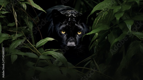 Add a touch of mystery to a dark and ancient forest, where a sleek black panther stealthily moves through the thick vegetation. © Love Mohammad