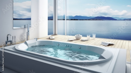 Luxurious contemporary bathroom with jacuzzi, panoramic windows, tranquil sea views. Quiet luxury concept. Banner © Anzhela