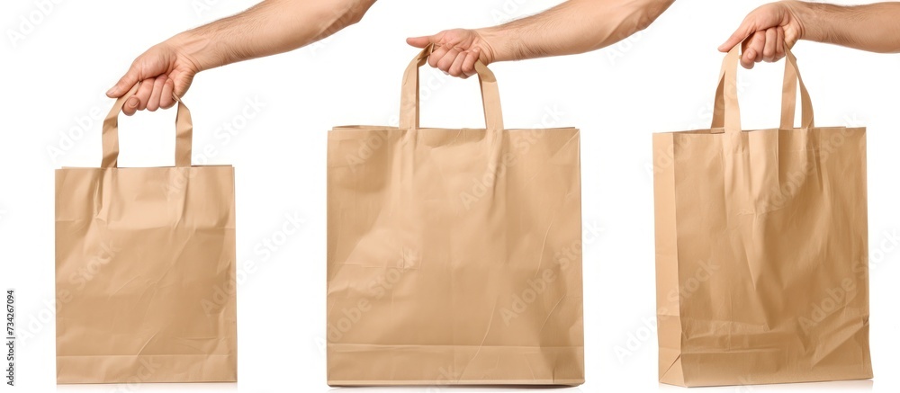 Hand holding Brown Shopping paper bag isolated on white background. AI ...