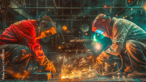 two handymen doing welding and grinding at their workplace while the sparks fly surrounding with wearing a protective helmet for safety.