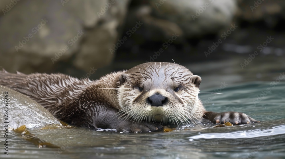 Obraz premium a close up of a sea otter swimming in a body of water with rocks in the background and a rock in the foreground.