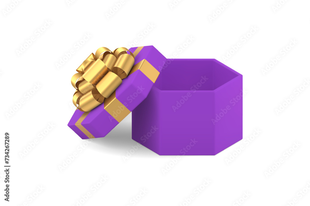 Obraz premium Purple elegant empty gift box with open lid and luxury golden bow ribbon 3d icon realistic vector