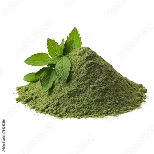 close up pile of finely dry organic fresh raw catnip leaf powder isolated on white background. bright colored heaps of herbal, spice or seasoning recipes clipping path. selective focus photo