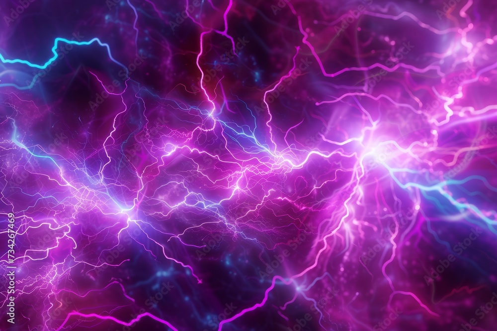 Fototapeta premium Vibrant background with lightning bolts on violet, colorful neon light, electrical texture, high energy, voltage.