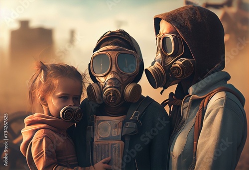 Family in polluted air industry area with smog wearing masks - Generative AI illustration