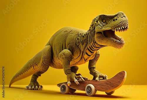 Tyrannosaurus rex on a skateboard. Yellow background. Minimal t rex design. Generative AI