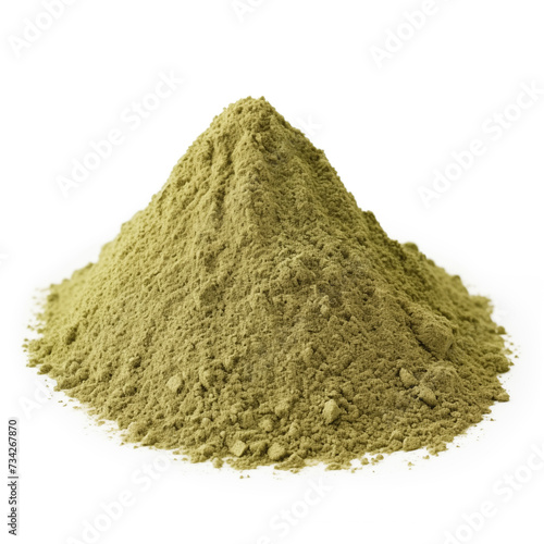 close up pile of finely dry organic fresh raw catnip powder isolated on white background. bright colored heaps of herbal, spice or seasoning recipes clipping path. selective focus photo
