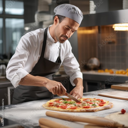 Expert chef crafting pizza in modern restaurant kitchen for authentic gourmet experience