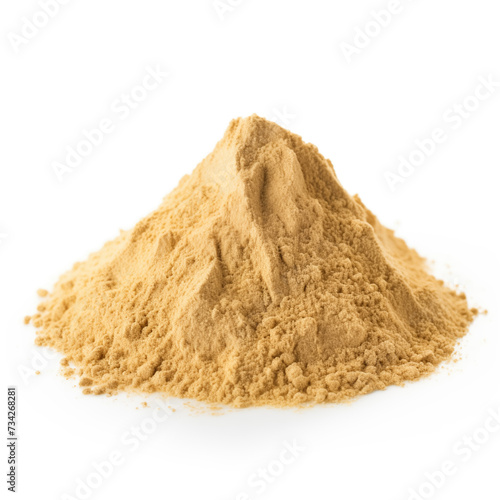 close up pile of finely dry organic fresh raw cats claw powder isolated on white background. bright colored heaps of herbal, spice or seasoning recipes clipping path. selective focus