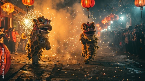 Lion dance in street with firecrackers as the traditional Chinese folk event activities during Chinese lunar new year celebration.