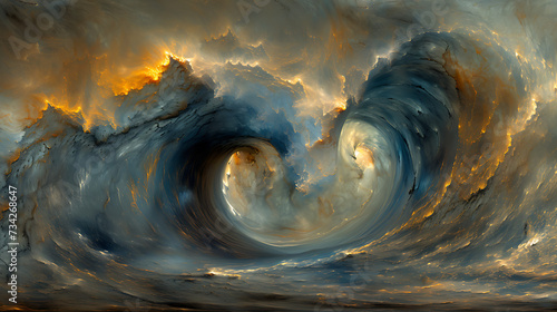  the blue ocean, in the style of surrealistic elements, swirling vortexes,dark sky-blue and amber, photorealistic fantasies, reimagined religious art