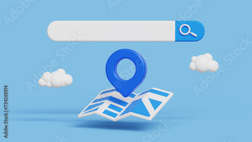 3D travel search, trip vacation or tourism concept. Location folded paper map, search bar with navigation pin. 3d illustration