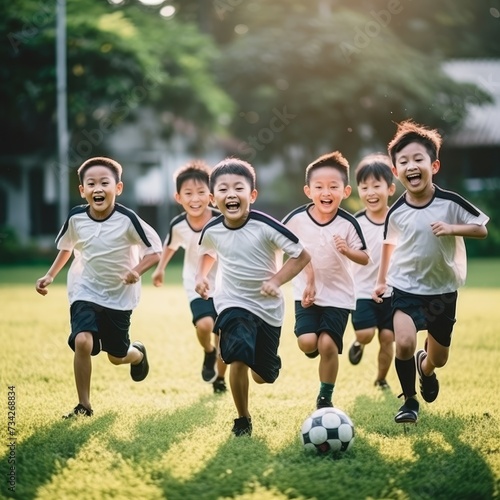 Active kids engaged in fun soccer training, happily chasing the ball on a green grass field