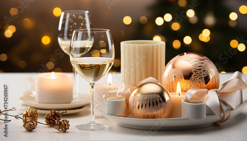 Cozy winter night candlelight, wine, and Christmas decorations illuminate generated by AI