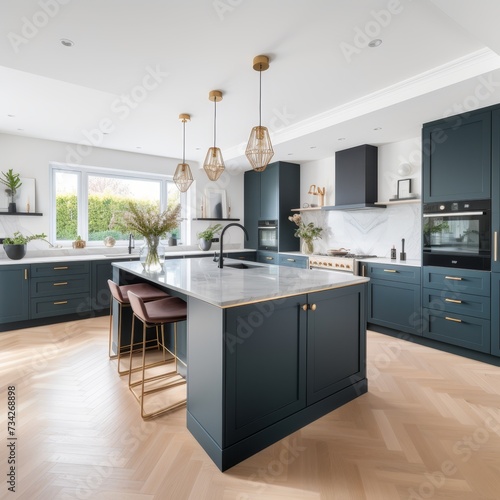 Luxurious kitchen interior in new home with island  wooden floor  bright modern minimal style