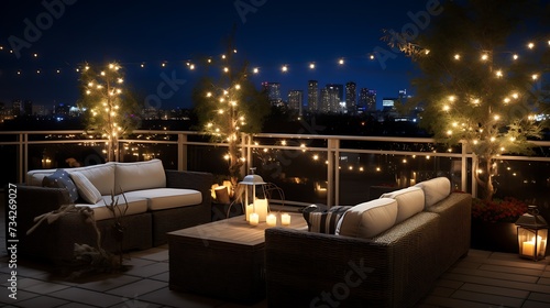 an enchanting touch to a rooftop observatory scene with warm, ambient lighting and festive birthday decor. Lounge chairs provide a comfortable spot for an unforgettable celebration under the stars.