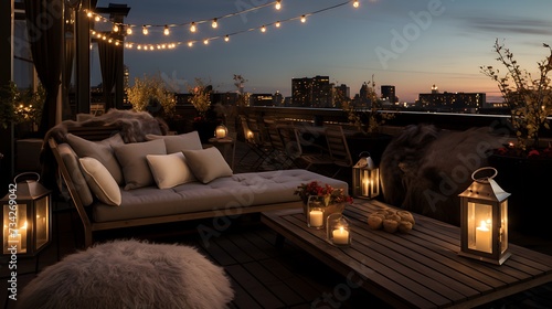 an enchanting touch to a rooftop observatory scene with warm, ambient lighting and festive birthday decor. Lounge chairs provide a comfortable spot for an unforgettable celebration under the stars. © Love Mohammad