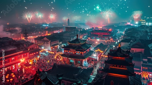 Beautiful fireworks show in city over traditional building to celebrate Chinese lunar new year.