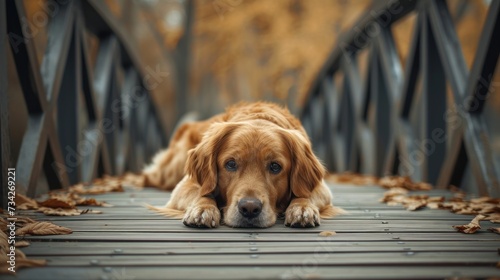  a close up of a dog laying on a bridge with leaves on the ground and trees in the back ground.