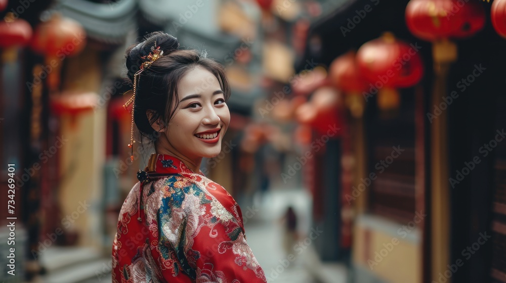 Beautiful lady dressed in traditional Hanfu clothing in street during Chinese lunar new year.