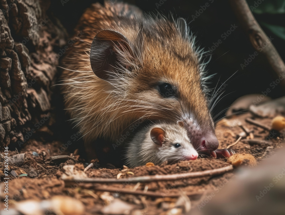 Naklejka premium A bandicoot with her young, resting on the forest floor together.
