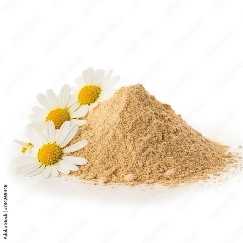 close up pile of finely dry organic fresh raw chamomile powder isolated on white background. bright colored heaps of herbal, spice or seasoning recipes clipping path. selective focus - obrazy, fototapety, plakaty 
