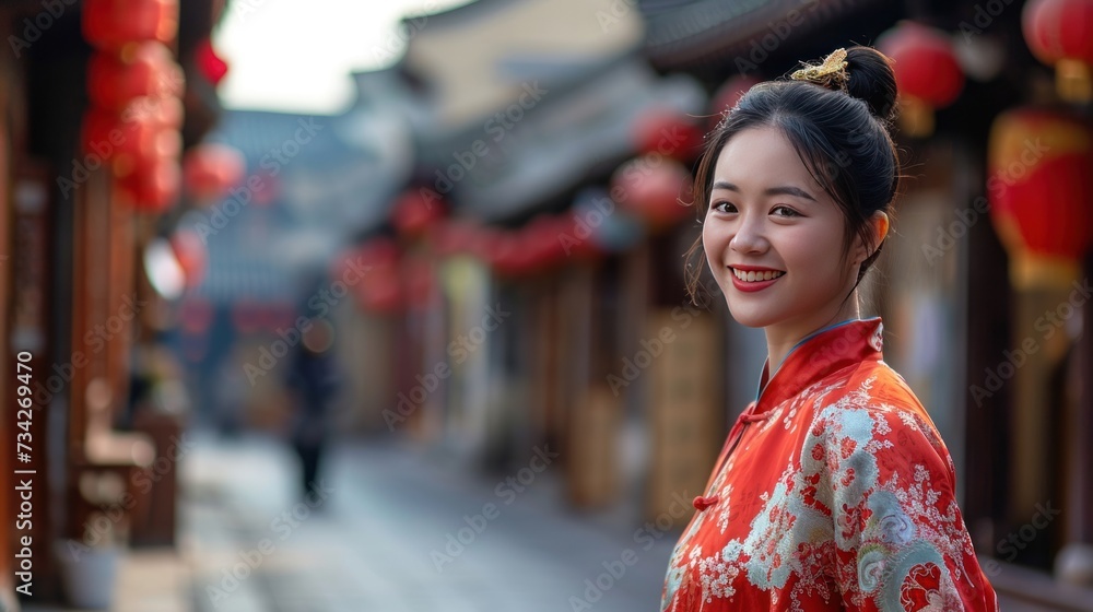Beautiful lady dressed in traditional Hanfu clothing in street during Chinese lunar new year. Beautiful lady dressed in traditional Hanfu clothing in street during Chinese lunar new year.