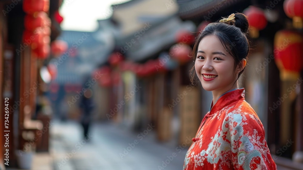 Beautiful lady dressed in traditional Hanfu clothing in street during Chinese lunar new year.