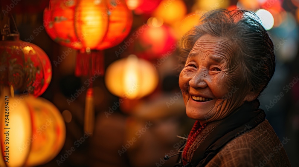 Portrait of a senior in lantern festival in street to celebrate Chinese lunar new year.