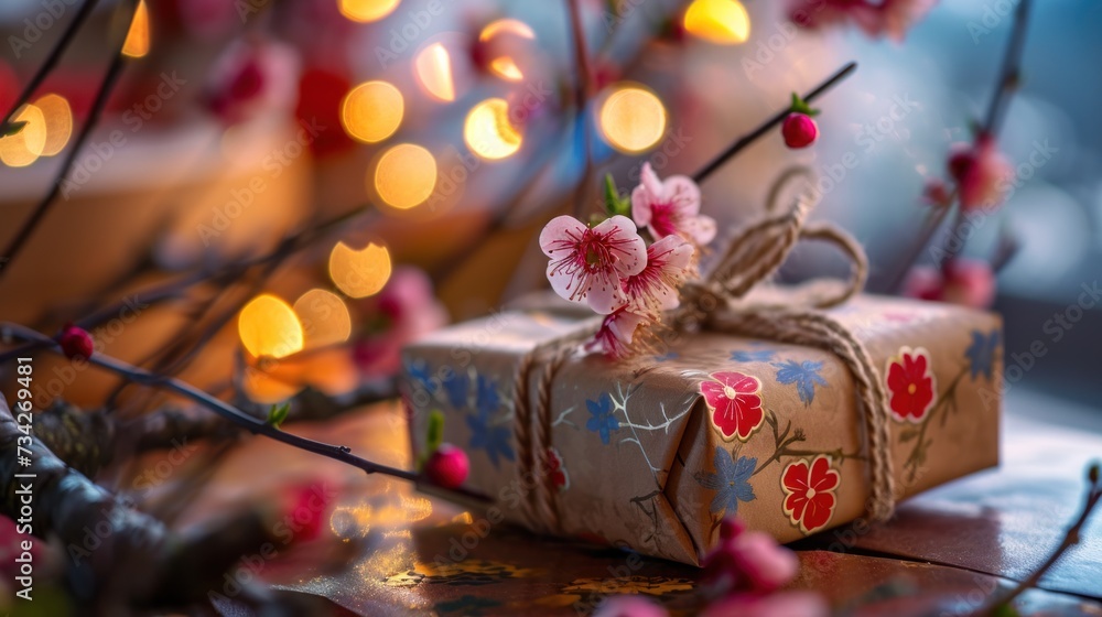 Naklejka premium Elaborated gift boxes with red plum blossom flower. Chinese lunar new year celebration theme.