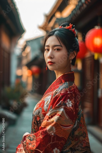 Beautiful lady dressed in traditional Hanfu clothing during Chinese lunar new year.