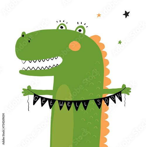 Get Well Soon. Cute Hand Drawn Vector Card with Alligator and Warm Wishes For a Speedy Recovery. Infantile Style Print with Friendy Happy Crocodile on a White Background. 