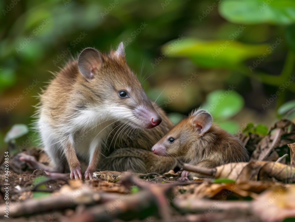 A bandicoot with her young, foraging on the forest floor together. A bandicoot with her young, foraging on the forest floor together.
