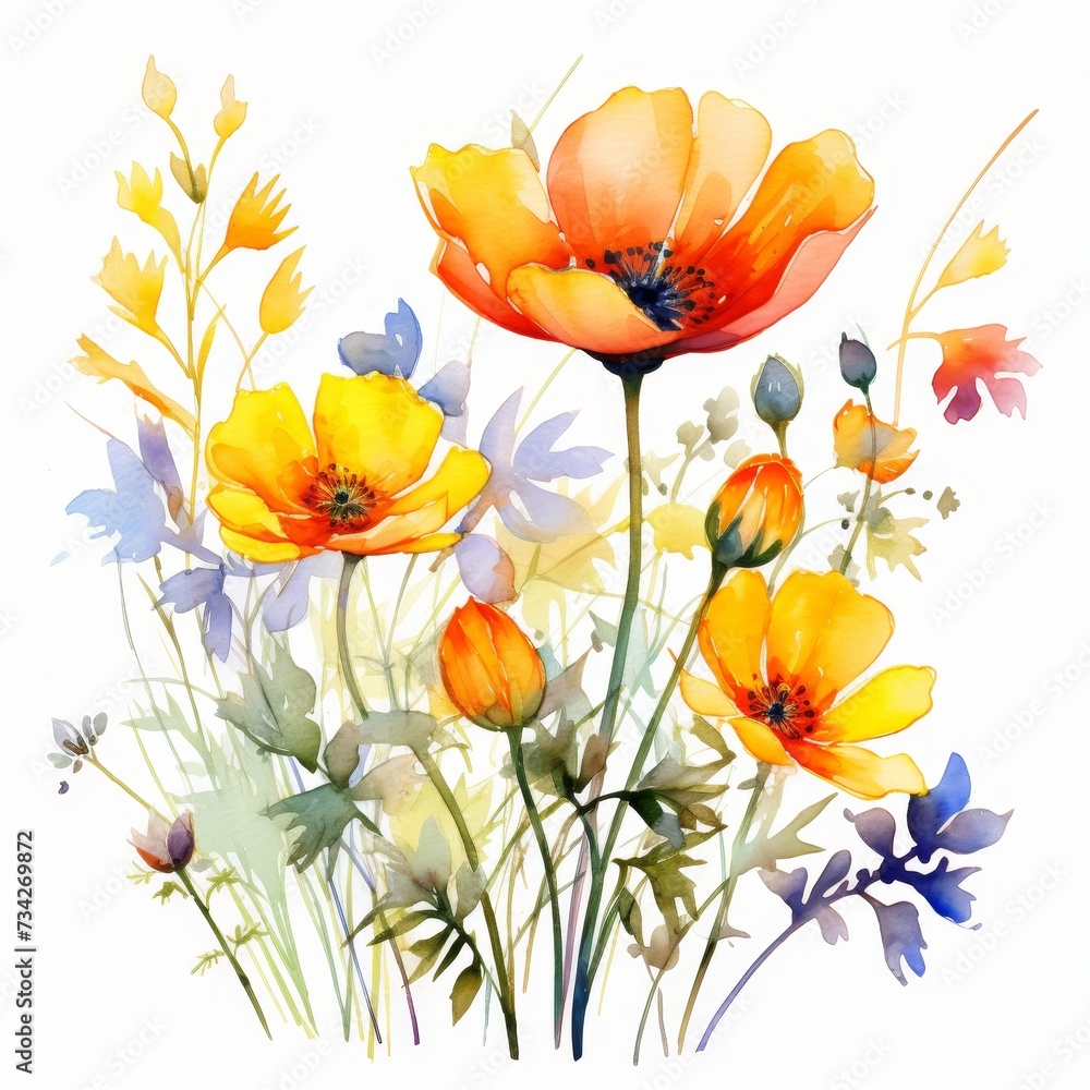 Breathtaking array of vibrant wildflowers blooming magnificently on a pristine white background