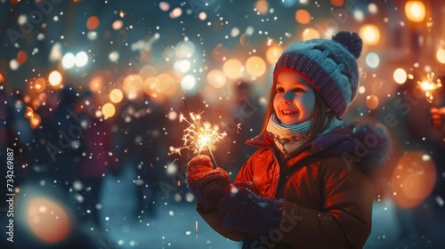 Little girl play with sparkler fireworks in holiday celebration event party.