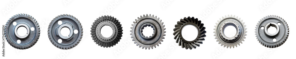 Metal gears, cogwheels isolated on white background collage. Spare parts banner. Metal gears, cogwheels isolated on white background collage. Spare parts banner.
