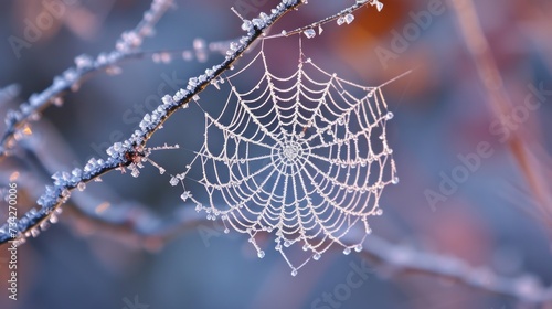  a close up of a spider web on a tree branch with drops of water on the spider's web.
