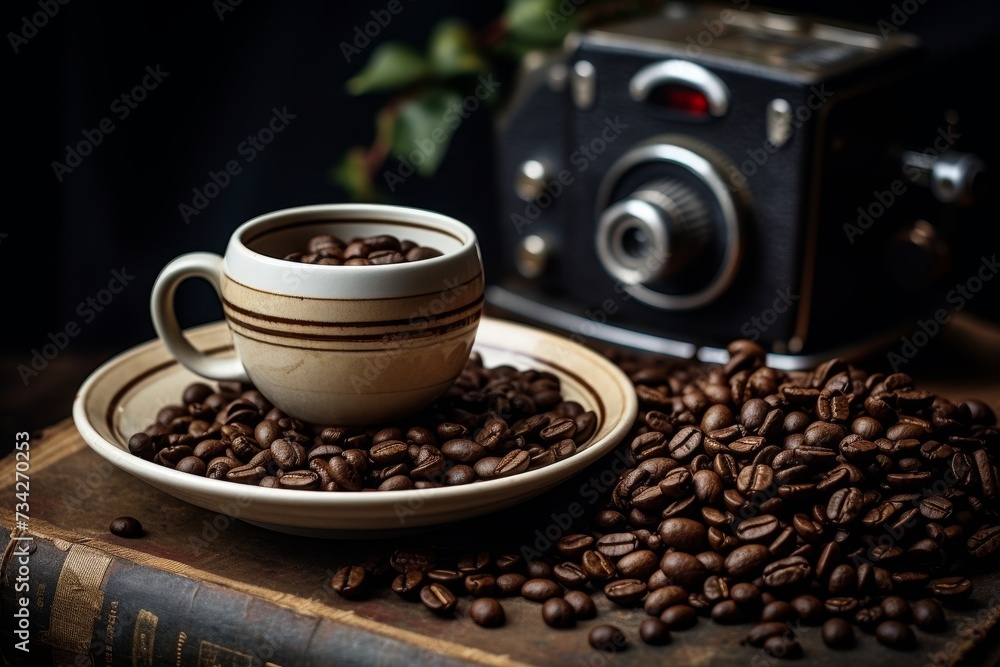 Vintage espresso cup with roasted beans on wooden table - rich aroma for authentic coffee lovers