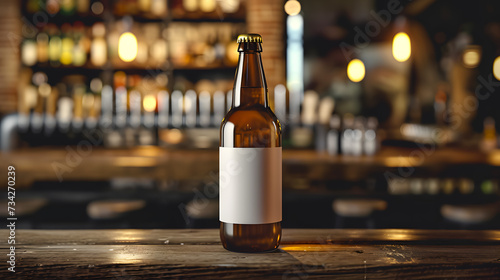 Blank beer bottle mockup on the bar background