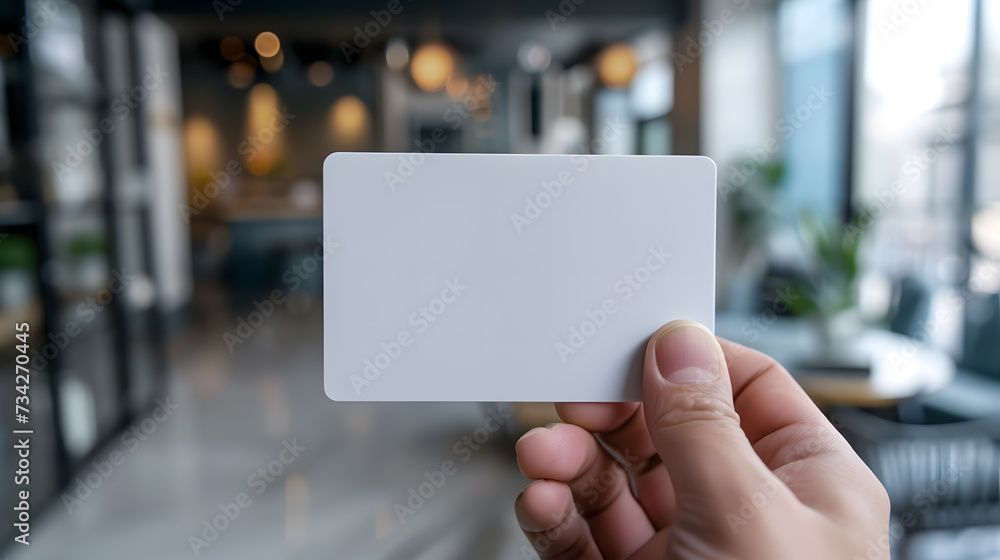Hand holding blank plastic card mockup on office background Hand holding blank plastic card mockup on office background