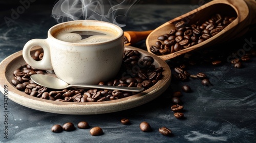 Close-up view of a cup of steaming hot coffee and coffee beans on table. © Joyce