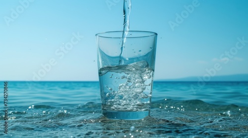  a glass filled with water sitting on top of a body of water next to a body of water with a blue sky in the background.