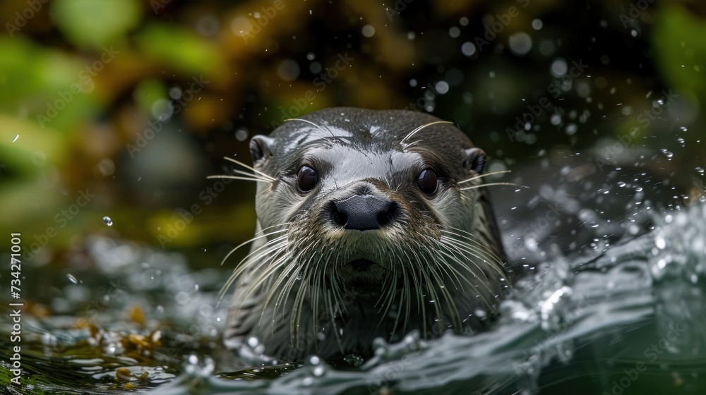  a close up of a sea otter in the water with it's head above the water's surface.