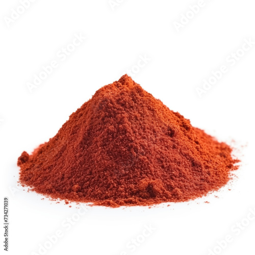 close up pile of finely dry organic fresh raw chili powder isolated on white background. bright colored heaps of herbal, spice or seasoning recipes clipping path. selective focus