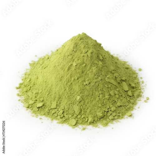 close up pile of finely dry organic fresh raw chive powder isolated on white background. bright colored heaps of herbal, spice or seasoning recipes clipping path. selective focus photo