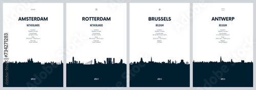 Travel vector set with city skylines Amsterdam, Rotterdam, Brussels, Antwerp, detailed city skylines minimalistic graphic artwork