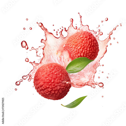 realistic fresh ripe lychee with slices falling inside swirl fluid gestures of milk or yoghurt juice splash png isolated on a white background with clipping path. selective focus photo