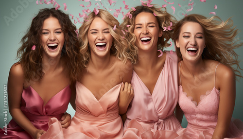 Young women in elegant dresses celebrate, smiling and screaming with joy generated by AI