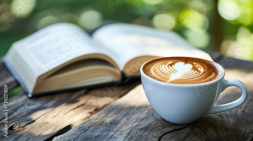 Coffee with heart shape latte art and an opened book outdoor.
